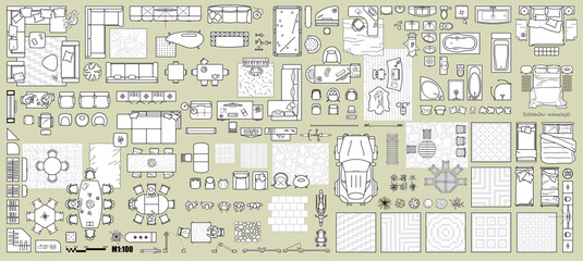 Floor plan icons set for design interior and architectural project (view from above). Furniture thin line icon in top view for layout. Blueprint apartment. Vector