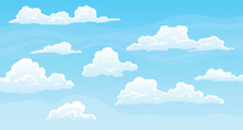 Sky With Fluffy Clouds On Sunny Day. Cartoon Summer Time With Blue Cloudscape. Paradise Heaven Background