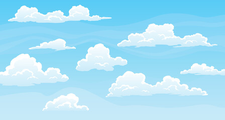 Sky with fluffy clouds on sunny day. Cartoon summer time with blue cloudscape. Paradise heaven background