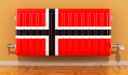 Wall Mural - Heating radiator with Norwegian flag on the wall. Heating in Norway. 3D rendering