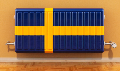 Wall Mural - Heating radiator with Swedish flag on the wall. Heating in Sweden. 3D rendering