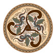Ancient Celtic symbol. Triple trickle spiral ornament with fantasy druid dragons symbols. Ethnic Breton sign. Print for logo, icon, tattoo. Folk geometric circle decoration. Vector illustration.