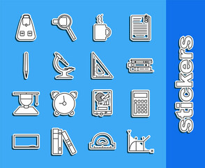 Sticker - Set line Pie chart infographic, Calculator, Office folders with papers and documents, Coffee cup, Microscope, Pen, School backpack and Triangular ruler icon. Vector