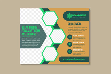 Wall Mural - Solar energy for smarter home and building flyer design template. multicolor green element and brown background. hexagon space for photo collage. Save energy horizontal layout poster leaflet.