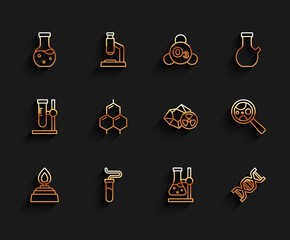 Set line Alcohol or spirit burner, Test tube, flask on stand, DNA symbol, Chemical formula, Microorganisms under magnifier and Radioactive icon. Vector