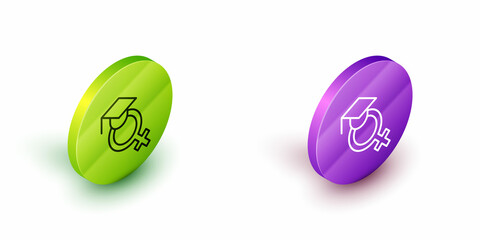 Sticker - Isometric line Teacher icon isolated on white background. Green and purple circle buttons. Vector