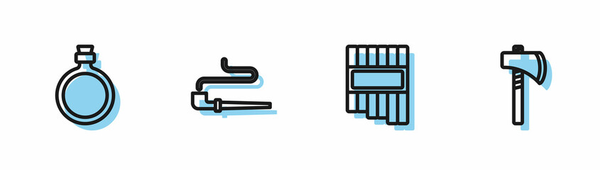 Sticker - Set line Pan flute, Canteen water bottle, Smoking pipe and Tomahawk axe icon. Vector