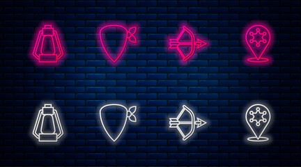 Poster - Set line Cowboy bandana, Bow arrow in quiver, Camping lantern and Hexagram sheriff. Glowing neon icon on brick wall. Vector