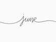 simple black June text calligraphic lettering continuous lines element for month theme like header, background, banner, cover, card, label, wallpaper, wrapping paper etc. vector design.