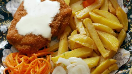 Wall Mural - Fried potatoes and steak with cream sauce - great lunch food