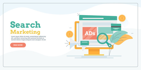 Wall Mural - Search engine marketing vector illustration filled outline concept. SEO strategy, digital advertising, business technology communication.