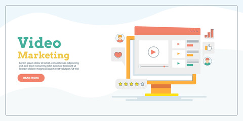 Wall Mural - Video marketing advertising digital content online, social media video promotion with audience engagement and analytics, filled outline web banner illustration template. 