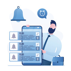 Businessman sets up notifications and an alarm clock on smartphone. Alarm bell, time management application on mobile phone screen. Office worker close up. Schedule of meetings and work.