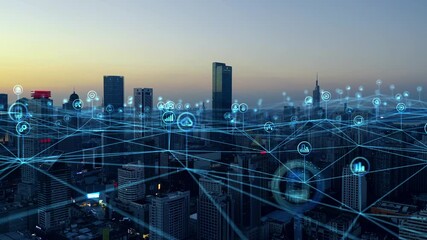 smart Connected city skyline. Futuristic network concept, city Technology.
