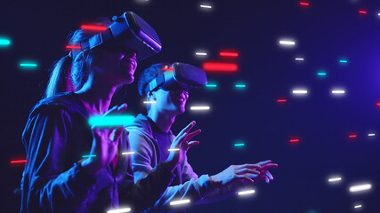 metaverse vr virtual reality game playing, man and woman play metaverse virtual digital technology g