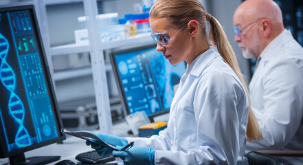 Canvas Print - Professor and doctor work in a modern scientific laboratory using equipment and computertechnologies. Group of scientists make research and develop new vaccines. Science and healthcare concept.