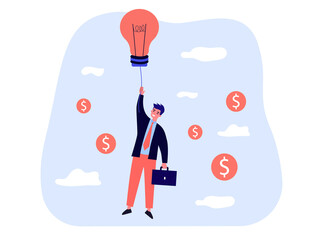 Wall Mural - Businessman flying with lightbulb balloon into sky. Man hanging on lamp among money coins flat vector illustration. Innovation, business idea concept for banner, website design or landing web page