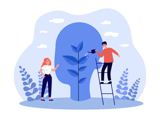 Tiny man and woman watering plant inside abstract head. Support for people in learning flat vector illustration. Mind growth, mental therapy concept for banner, website design or landing web page