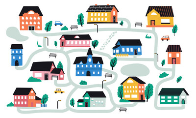 abstract town. cute hand drawn cozy cottage buildings with tiny windows, doors and small wall bricks