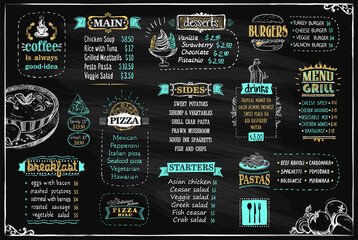 Chalk menu list on a blackboard, design template for cafe or restaurant