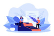 © Bro Vector - Tiny people enjoying work of writer near vintage typewriter. Man holding feather of author, girl reading flat vector illustration. Storytelling concept for banner, website design or landing web page