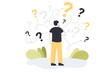 Man looking at question marks and choosing right option to achieve success. Process of making decision to reach goal flat vector illustration. Business development way, confusion, doubt concept