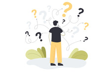 Man Looking At Question Marks And Choosing Right Option To Achieve Success. Process Of Making Decision To Reach Goal Flat Vector Illustration. Business Development Way, Confusion, Doubt Concept