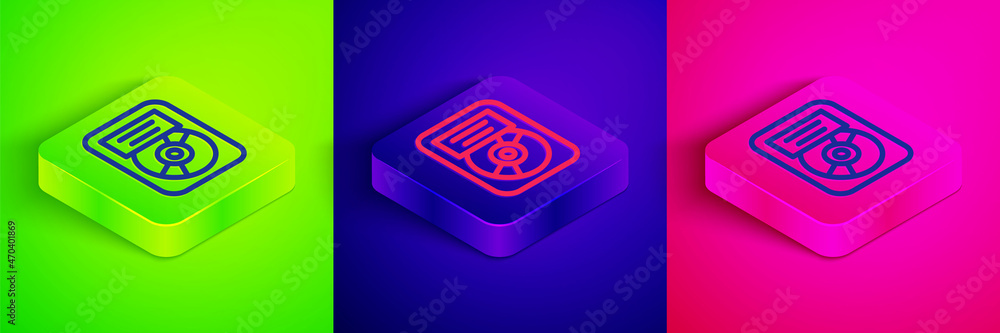 Isometric line CD disk award in frame icon isolated on green, blue and ...