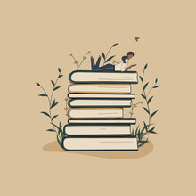 Concept:book Is Source Of Knowledge.Tiny African Woman Lying On Stack Of Books And Reading Book.Pile Of Volumes Surrounded By Plants As Symbol Of Education.For Library Or Bookstore.Hand Drawn Raster