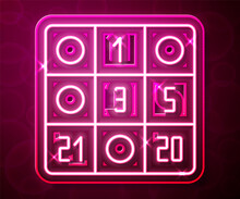 Glowing Neon Line Bingo Card With Lucky Numbers Icon Isolated On Red Background. Vector