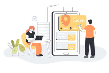 Tiny woman and man in front of mobile screen planning meeting with online app. People using appointment business calendar flat vector illustration. Booking, workplace, digital technology concept