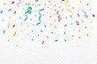 © Ifti Digital - Confetti illustration for the festival background. Colorful party ribbon and confetti falling. Golden confetti isolated on transparent background. Carnival elements. Birthday celebration.