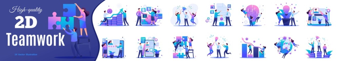 Wall Mural - set flat concepts of teamwork in business. young teams start businesses, attract investments, celebr