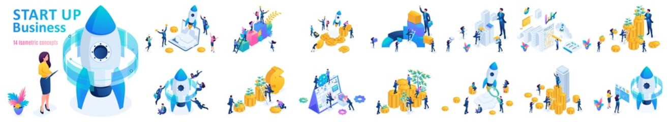 Wall Mural - set isometric business startup concepts. young teams are launching businesses, attracting investment