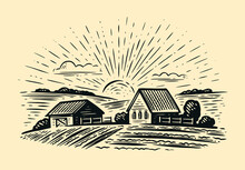 Village Houses And Farmland In Sketch Style. Rural Natural Landscape With Fields