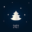 © Hudoi Baran - Silver silhouette of a Christmas tree with stars on a dark blue background. Merry Christmas and Happy New Year 2022. Vector illustration.