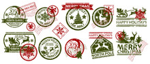 Christmas Mail Stamp Vector Illustration Set, Santa Claus Vintage Postmark Design, Holiday Winter Mail. New Year Grunge Postal Label, Holiday Snowflake Card, Reindeer Silhouette. Christmas Stamp Tag