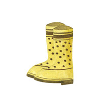 Watercolor Illustration Of Rubber Boots For Rain Weather, For Gardening, Outdoors. Yellow Color With Dots And Stripes. Isolated On White Background