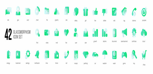 Wall Mural - a set of green vector icons of modern trend in the style of glass morphism with gradient, blur and t