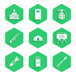 © Vadim - Set Military medical tent, Hand smoke grenade, Medieval spear, mine, Flashlight, Sniper rifle with scope, and Stop war icon. Vector