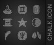 © Vadim - Set Pentagram, Neptune planet, Magic stone, Moon, Feather pen, Ancient magic scroll, runes and Poison in bottle icon. Vector