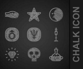 Wall Mural - Set Neptune planet, Skull, Poison in bottle, Burning candle, Diamond, Mars, Moon and Snake icon. Vector