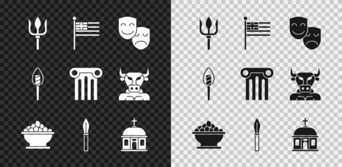 Set Neptune Trident, Greece national flag, Comedy and tragedy masks, Olives in bowl, Medieval spear, Santorini building, Torch flame and Ancient column icon. Vector