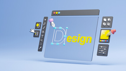Graphic designer creative creator design logo artwork curve pen tool illustration equipment icons digital computer display workspace. Graphic design software. 3d rendering.