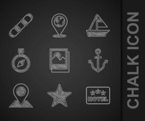 Poster - Set Photo, Starfish, Signboard with text Hotel, Anchor, Location, Compass, Yacht sailboat and Snowboard icon. Vector