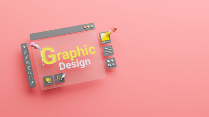 Graphic designer creative creator design logo artwork curve pen tool illustration equipment icons digital computer display workspace. Graphic design software. 3d rendering.