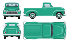 Vintage Pickup Truck Vector Template With Simple Colors Without Gradients And Effects. View From Side, Front, Back, And Top