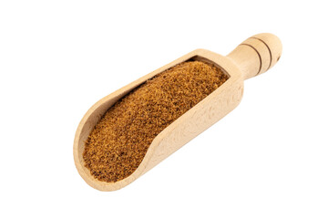 coconut sugar in wooden scoop isolated on white background. Spice and food ingredients.