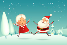 Santa Claus And Mrs Claus Celebrate Christmas - Winter Landscape