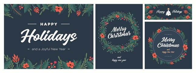 Wall Mural - Set of Christmas and Happy New Year Floral Card templates. Trendy retro style. Vector design element.